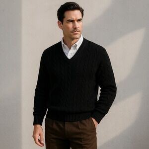 Britches of Georgetown Mens L Cable Knit V Neck Lambswool Sweater Black Scotland